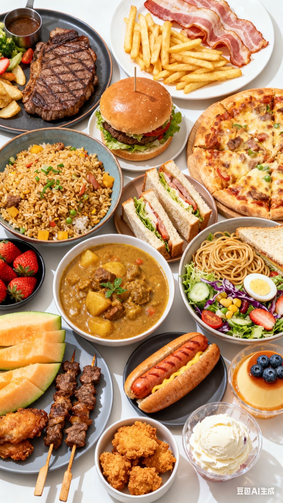 Grilled Steak, Grilled Steak, Pizza, Fried Rice, Stew, Sandwiches, Noodles and Salad, Skewers, Fried Snacks, Flan, Ice Cream, Fruit