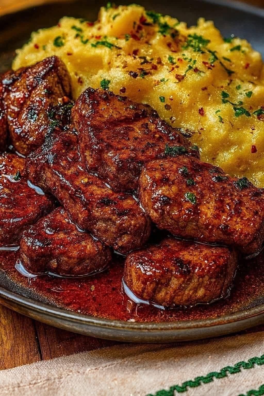 a dish served with steak and mashed potato seasoned with parsley and red pepper