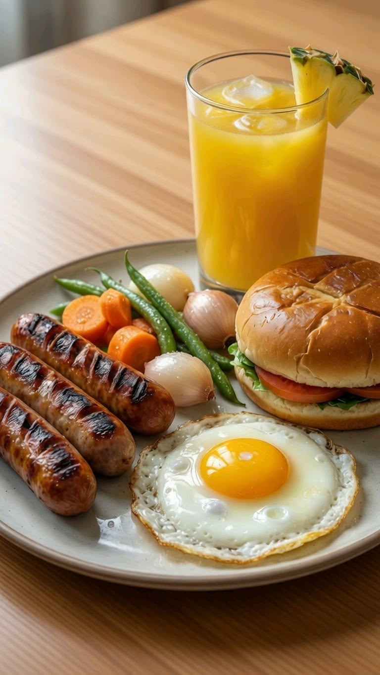 a breakfast consisting of a burger, a fried egg, a grilled sausage, green beans, carrots, eggs, and a glass of juice
