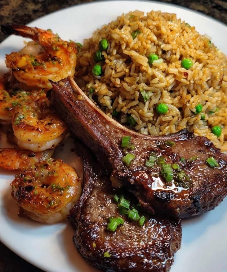 a picture showing fried rice served with lamb chops and shrimps